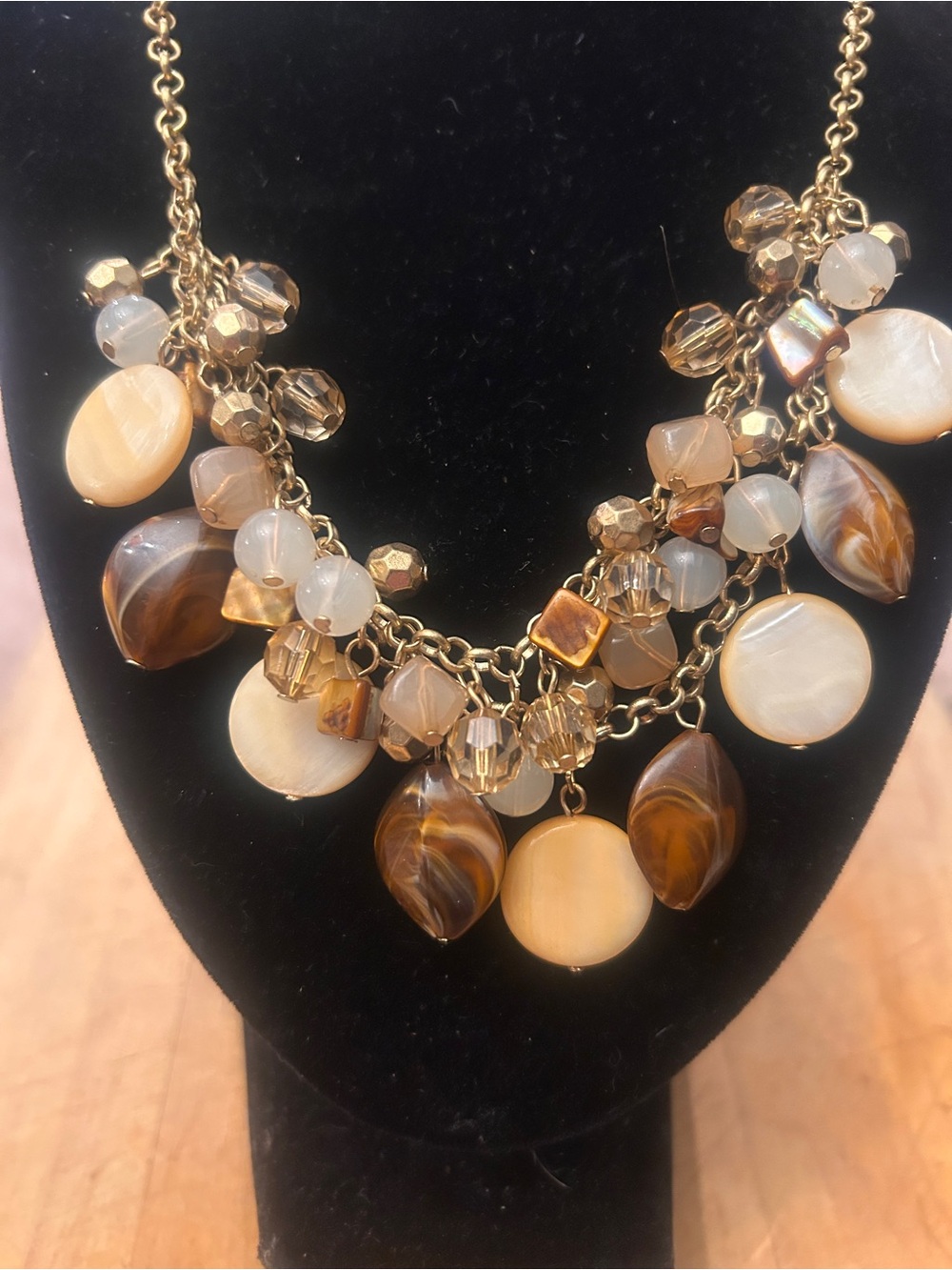 Gold-Tone Statement Necklace with Brown and Cream Beads
